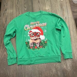 Women’s Meowy Christmas Graphic Pullover Sweatshirt Crew Neck Green Size Large